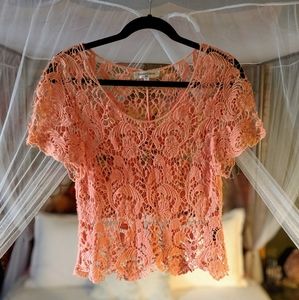Salmon Pink Paisley Mesh Crop Top